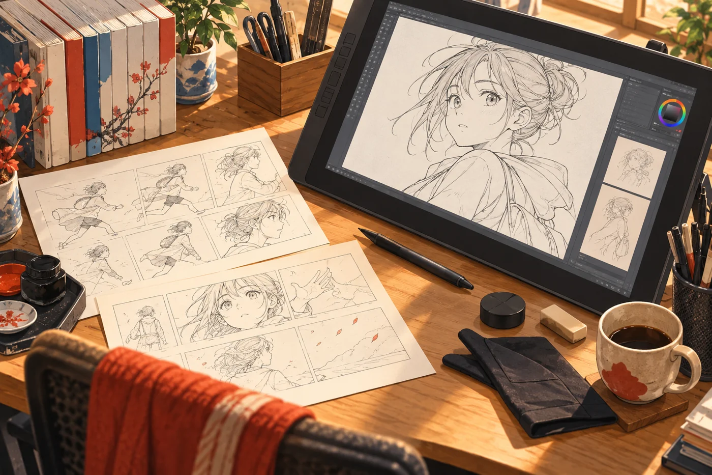 アニメの作画と絵コンテを制作する机のイメージ