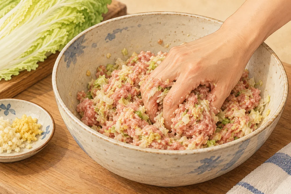 ひき肉と野菜を粘りが出るまで混ぜる