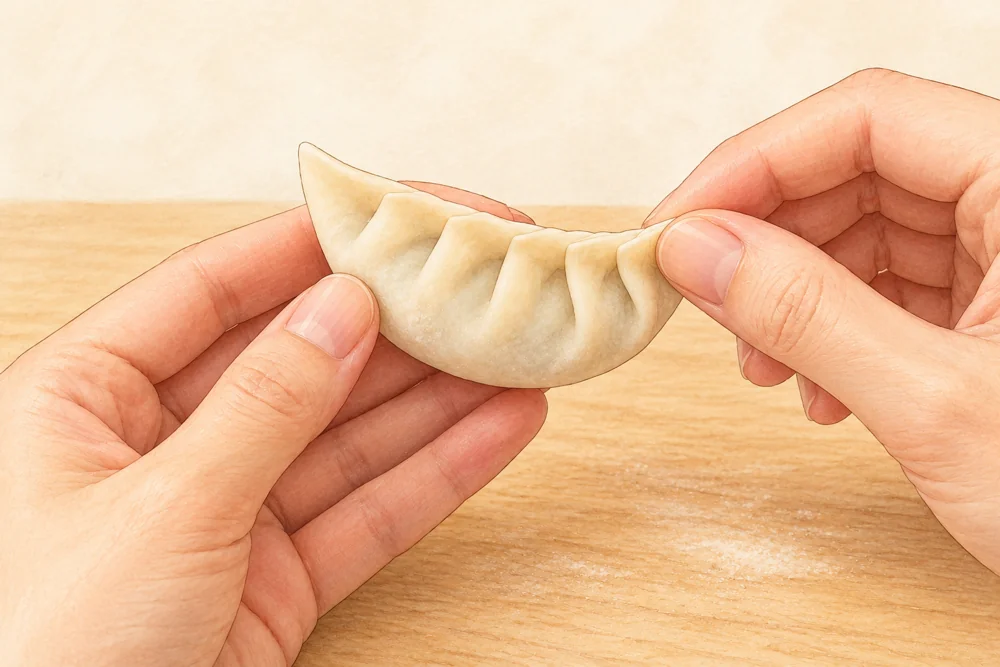 皮を半分に折り、片側にひだを寄せて閉じる