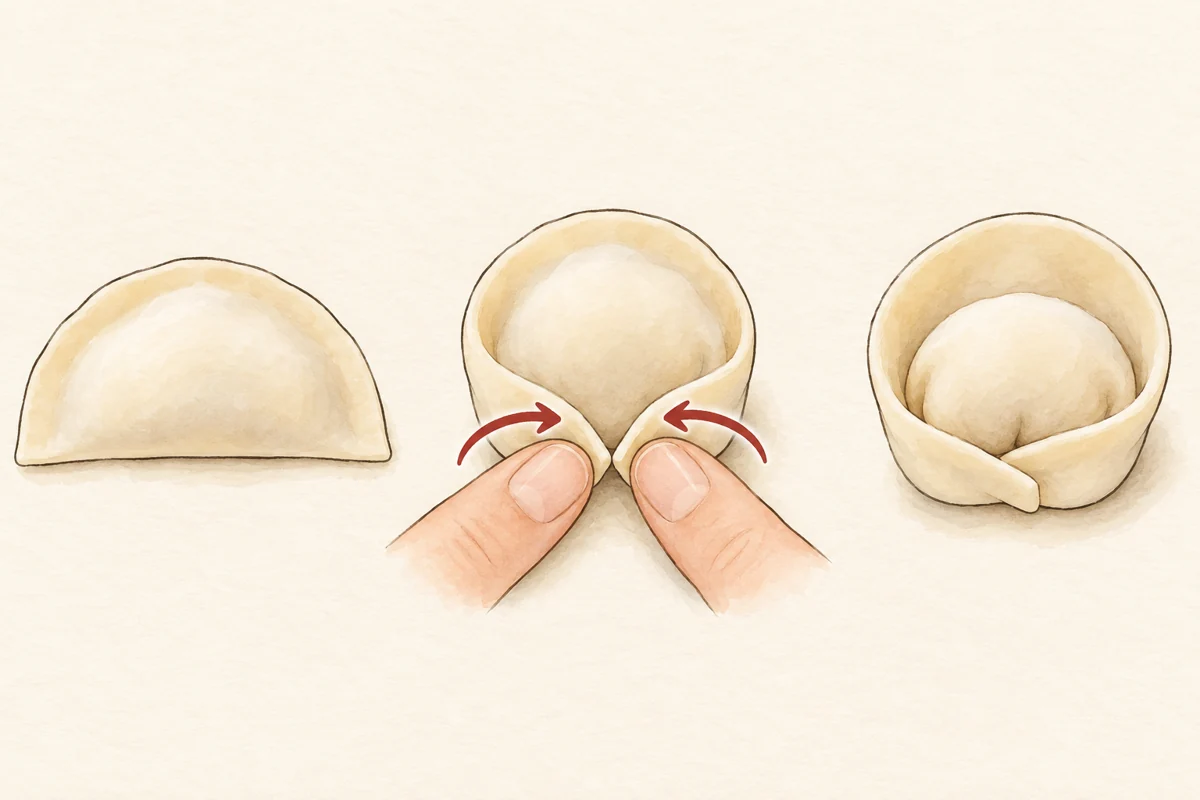 左から：半月形に閉じる → 両端を手前で重ねる → 帽子型の完成。JAPANITIESの挿絵。